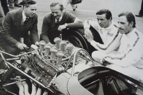 Keith Duckworth, Colin Chapman, Jim Clark a Graham Hill, 1967