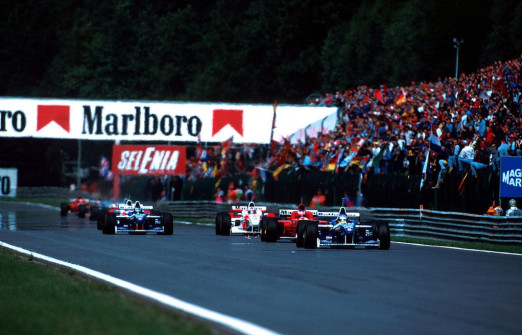 Villeneuve, Schumacher, Coulthard a Hill, Belgie 1996